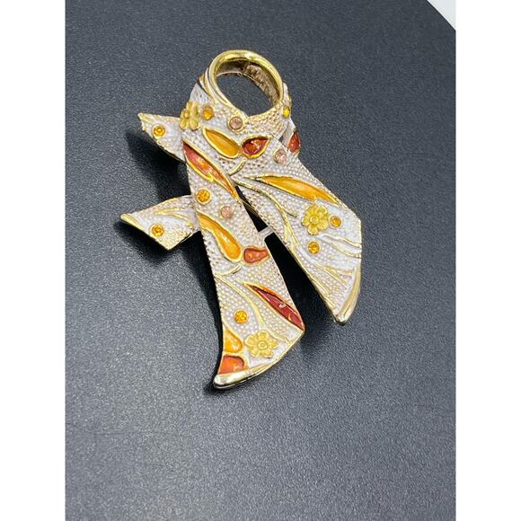 BSK Vintage Gold Tone Orange Yellow Enameled Flower Rhinestone Encrusted Brooch - Picture 2 of 13